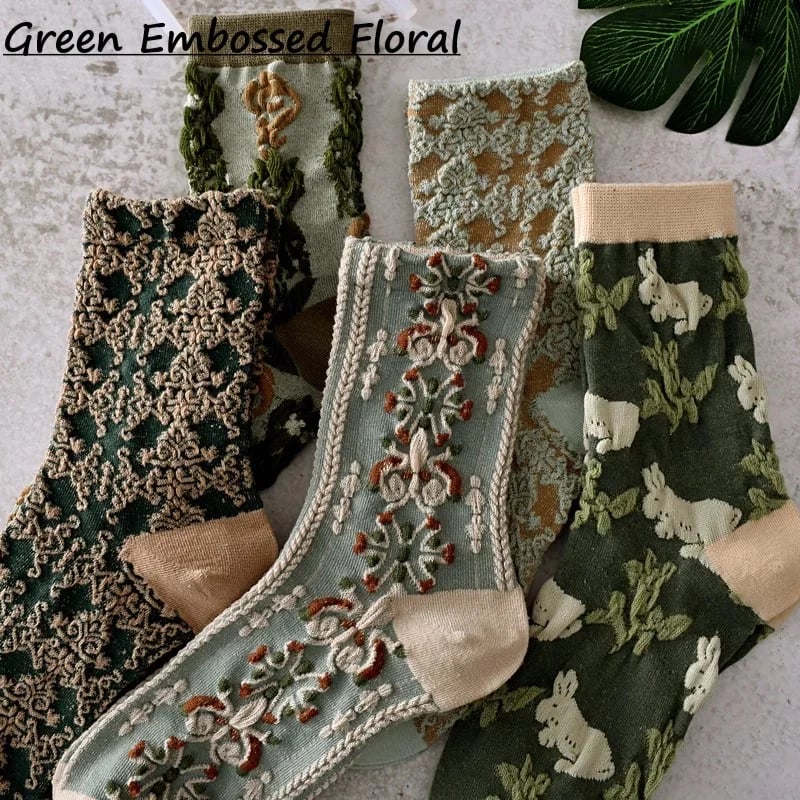 5 Pairs Women's Vintage Embossed Cotton Socks - BUY 2 GET EXTRA 10%OFF