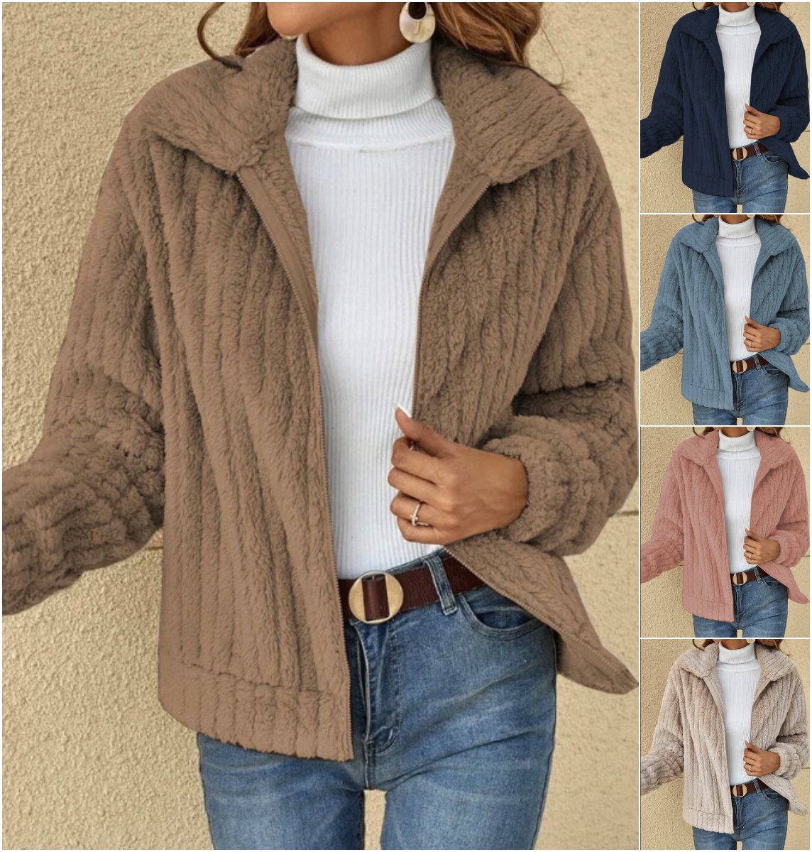 Short Jacket Lapel Zipper Winter Coat Warm Plush Fleece Zipper Casual Coat Top