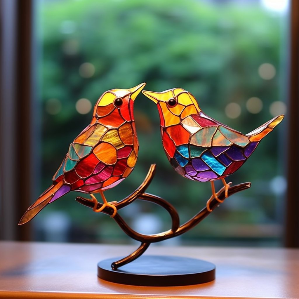 Stained Glass Birds on Branch Desktop Ornaments ️✨