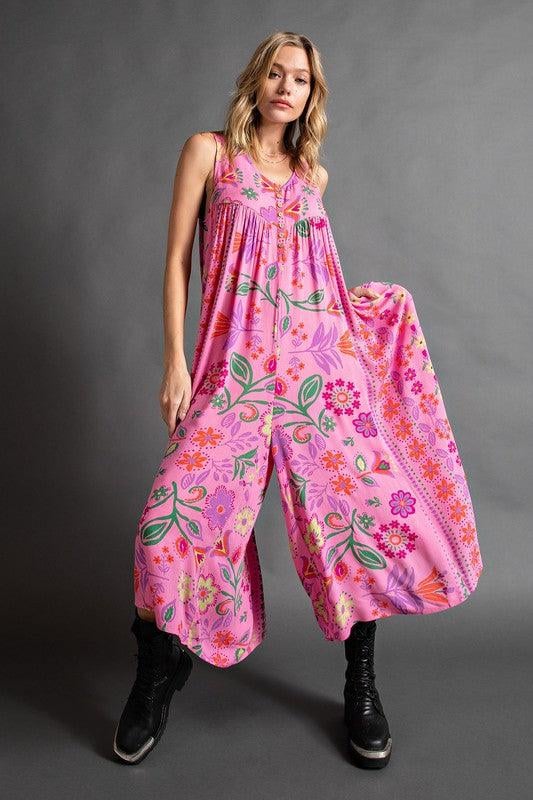 Vintage floral print loose sleeveless jumpsuitFREE SHIPPING