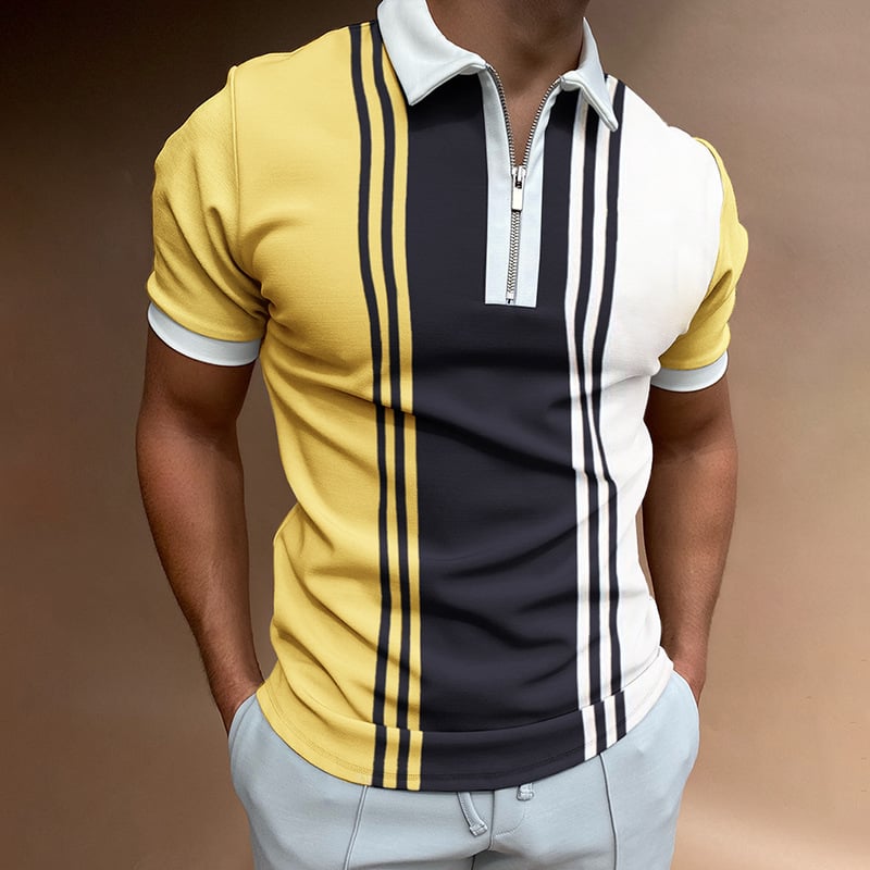 Men's Casual Stripe Print Short Sleeve Zipper Polo Shirt