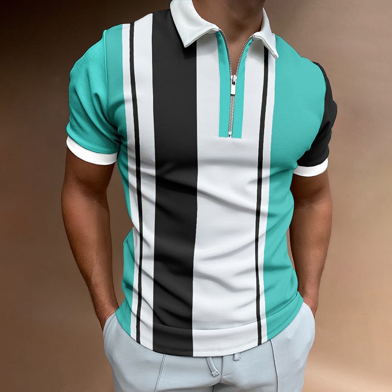 Men's Casual Stripe Blue Print Short Sleeve Zipper Polo Shirt