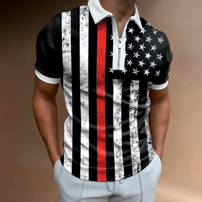 Men's Casual Stripe Flag Style Print Short Sleeve Zipper Polo Shirt