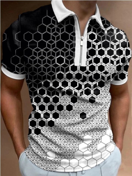 Men's Casual 3D Print Short Sleeve Zipper Polo Shirt