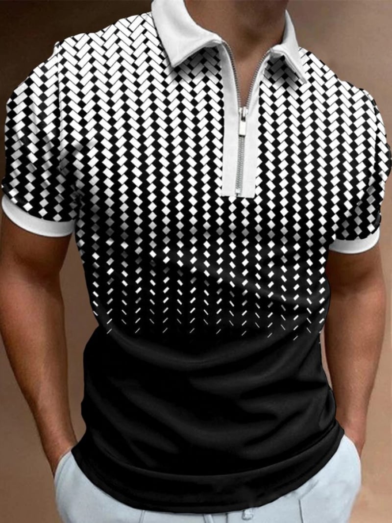 Men's Casual 3D Print Short Sleeve Zipper Polo Shirt