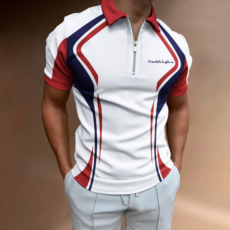 Men's Casual 3D Print Short Sleeve Zipper Polo Shirt