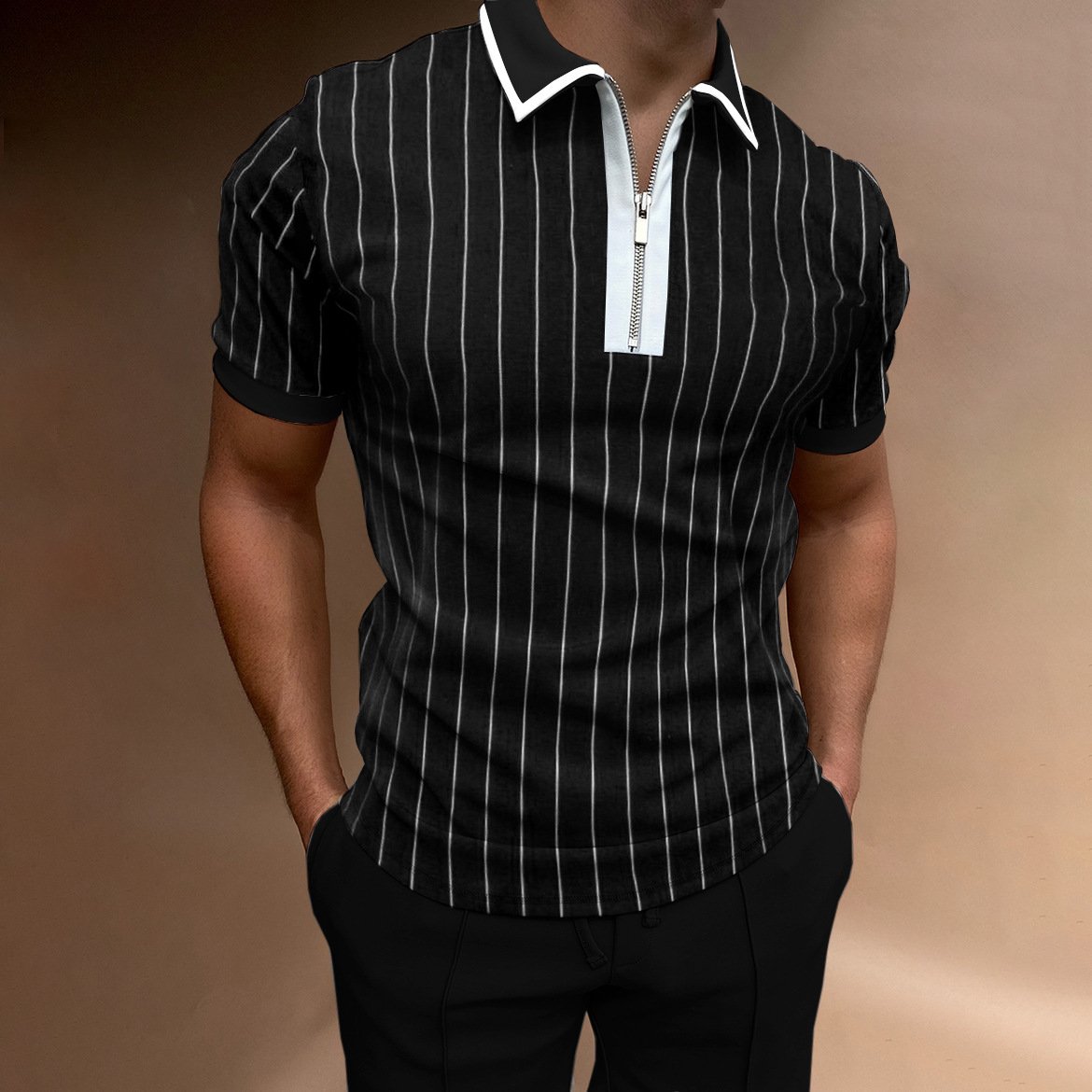 Men's Casual Stripe Black Print Short Sleeve Zipper Polo Shirt