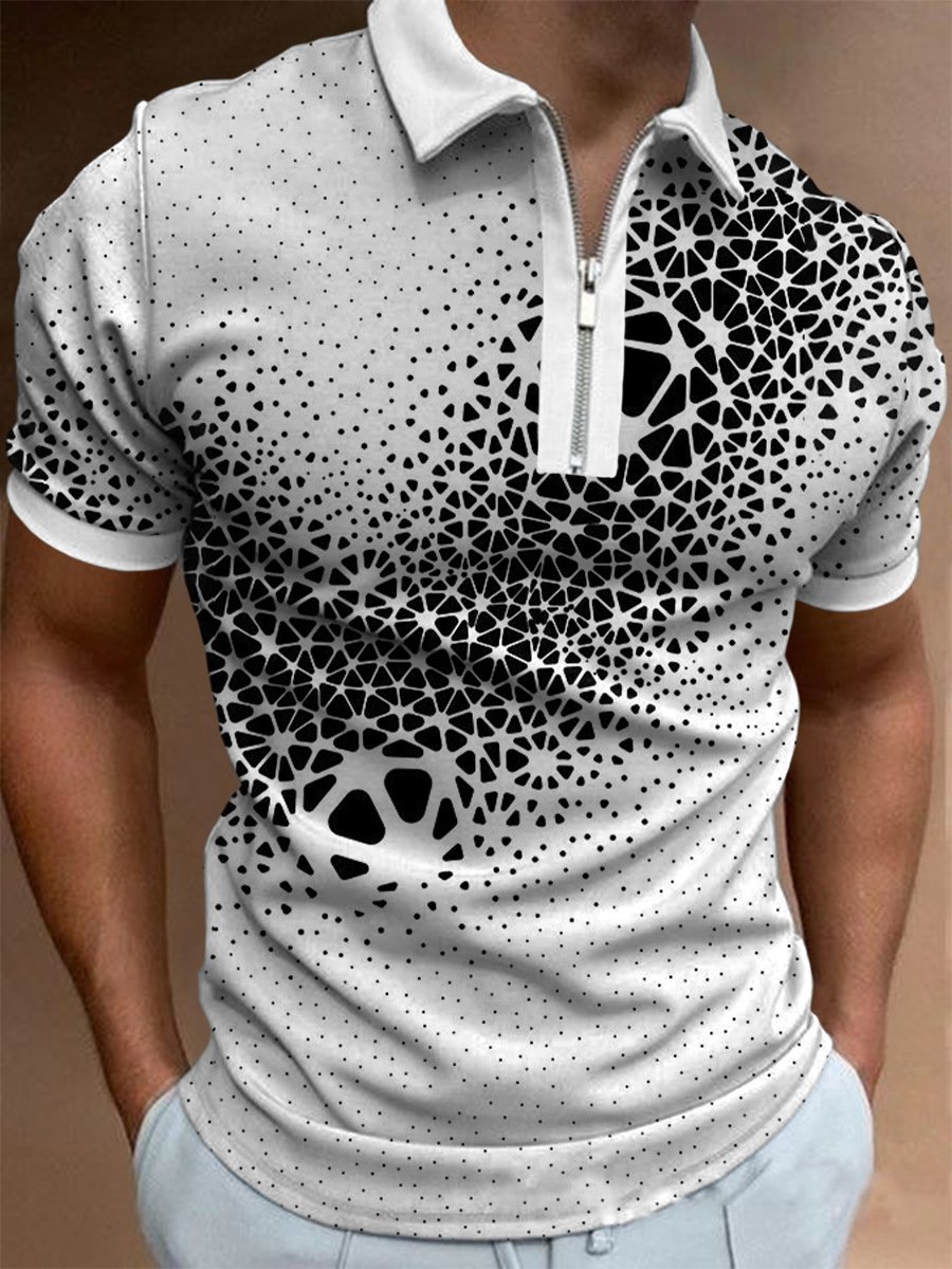 Men's Casual 3D Print Short Sleeve Zipper Polo Shirt