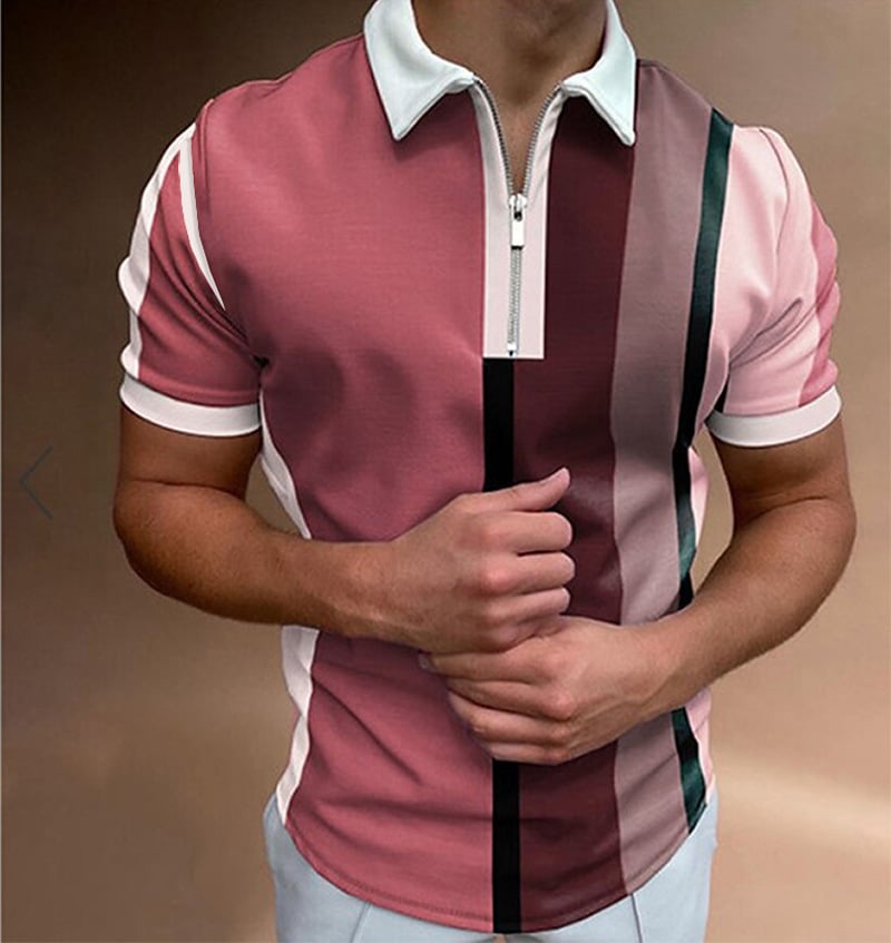 Men's Casual Stripe Pink Print Short Sleeve Zipper Polo Shirt