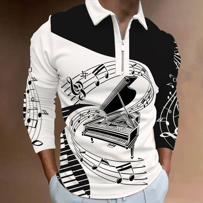 Men's Fashion Graphic Notes Turndown 3D Print Long Sleeve Zipper Shirt