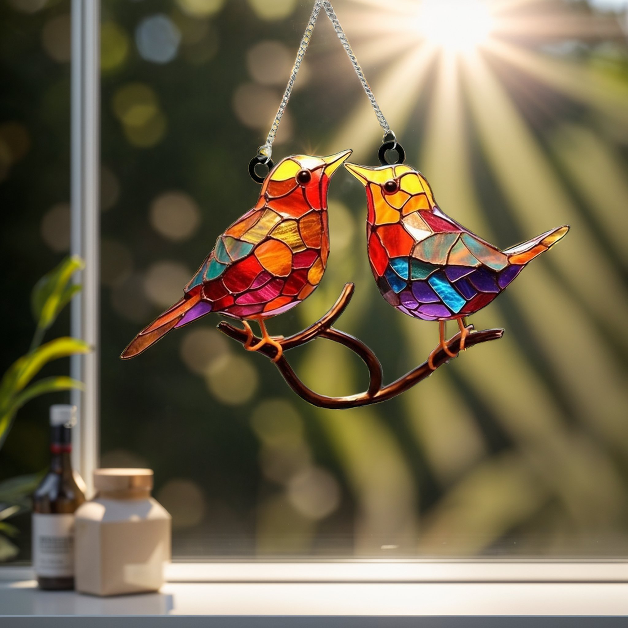 HandmadeColorful Birds on Branch Window hanging ️