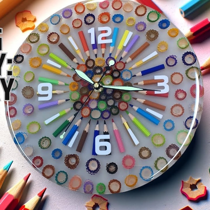 Resin Clock with Colorful Pencils and Wood Shavings Flowers