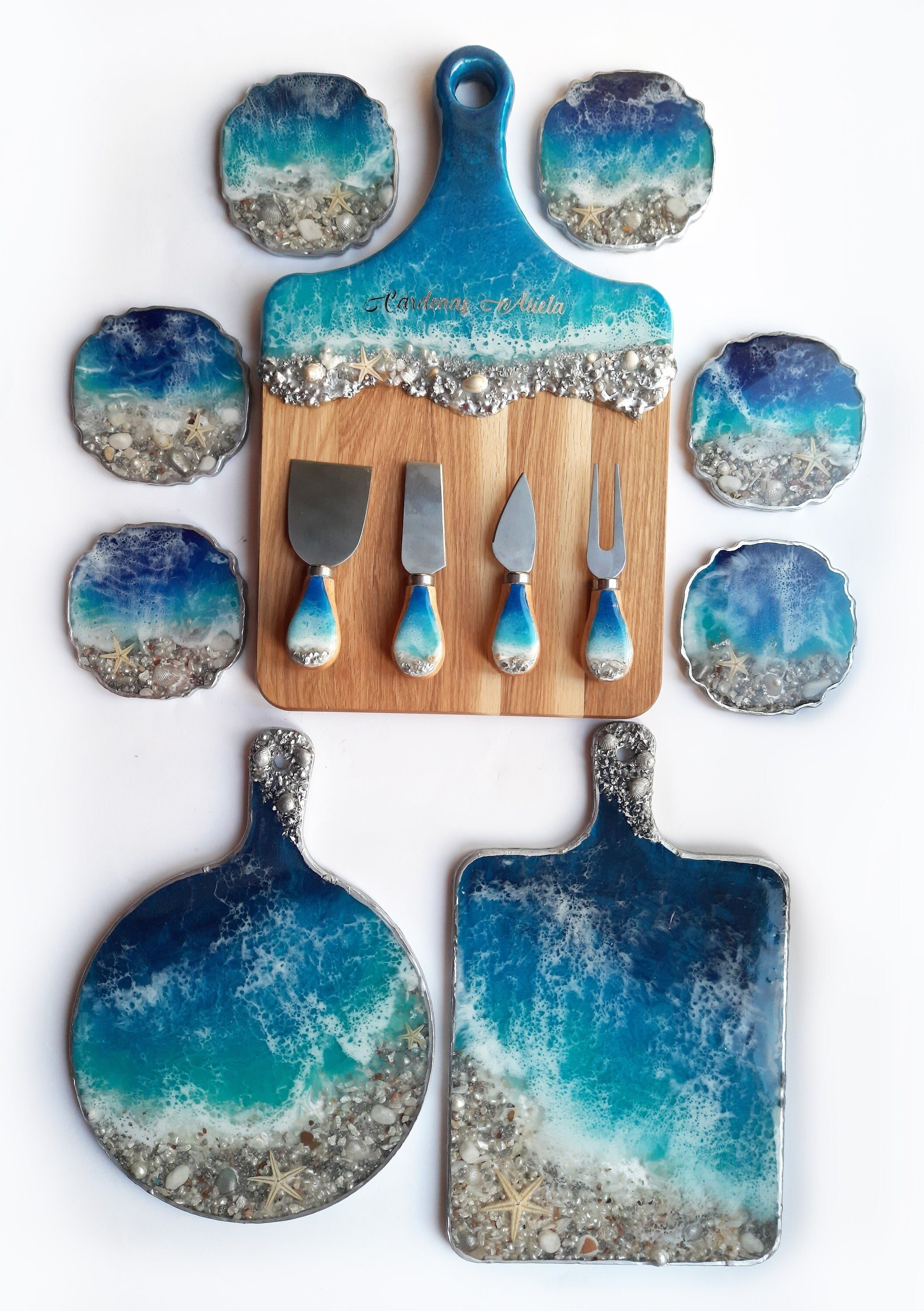 Unique Handmade Sea Lovers Gift Set - Epoxy Resin Beach Art Serving Board With Epoxy Sea Coasters And Cheese Knifes, Seascape Resin Art Tray