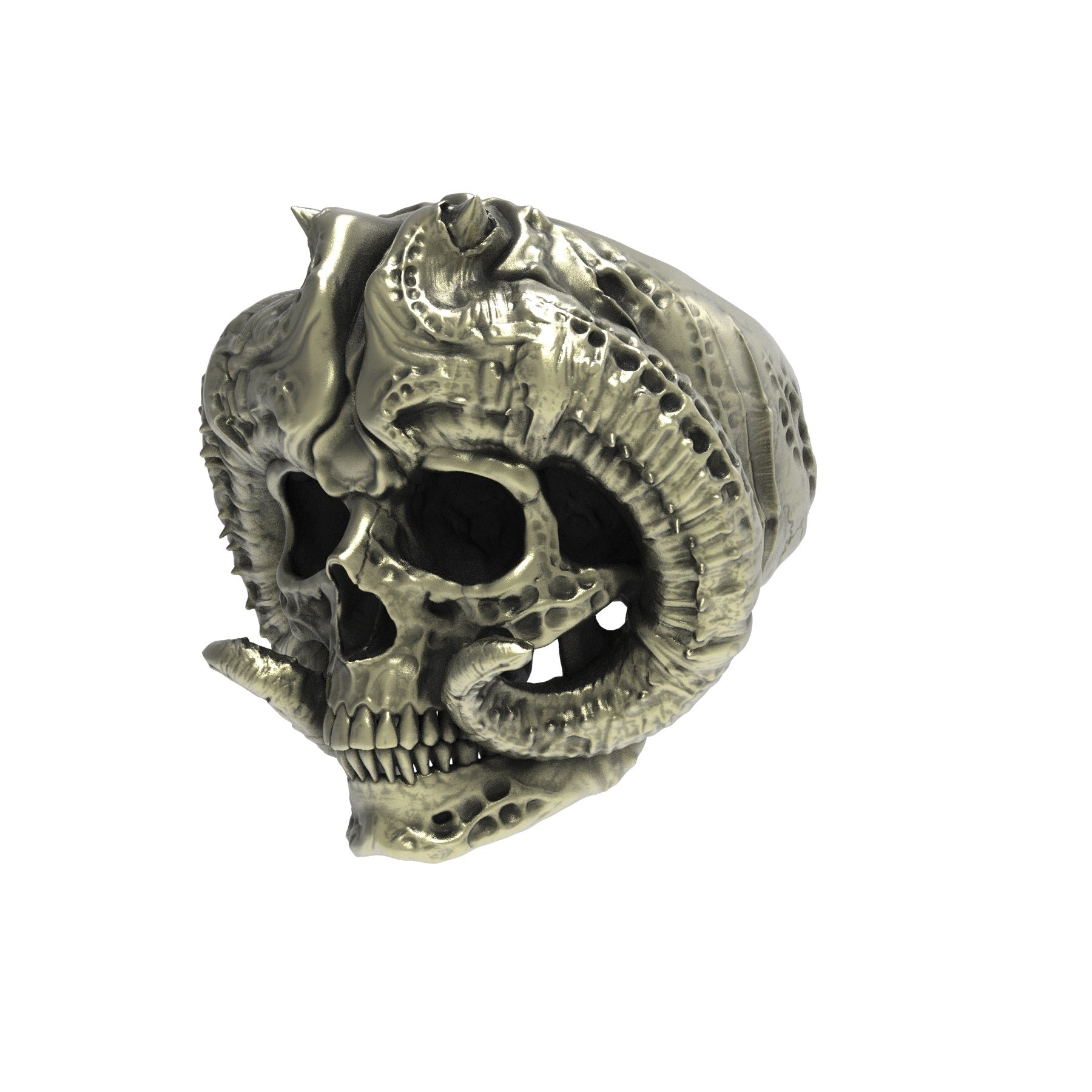 Brass Horned Demon Skull Ring